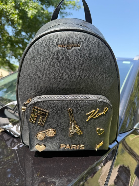 Karl Lagerfeld Handbags - Karl Lagerfeld Black Backpack with Gold Paris Patches